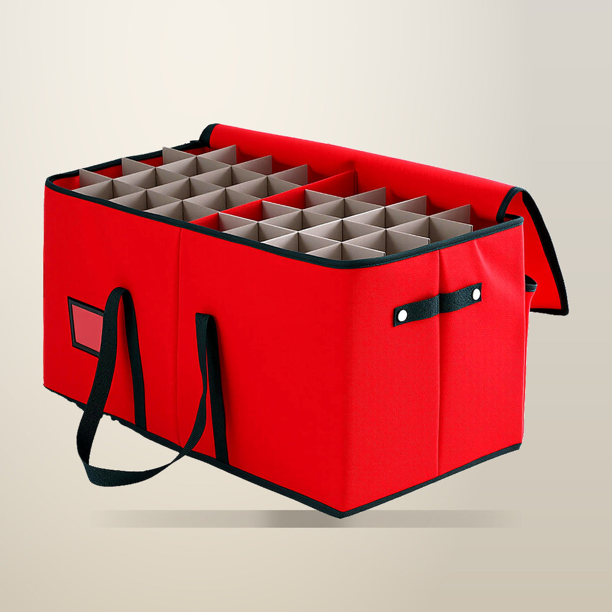 Jingle Jollys Christmas Baubles Storage Box, 128 Slots, Red, on a plain cream background