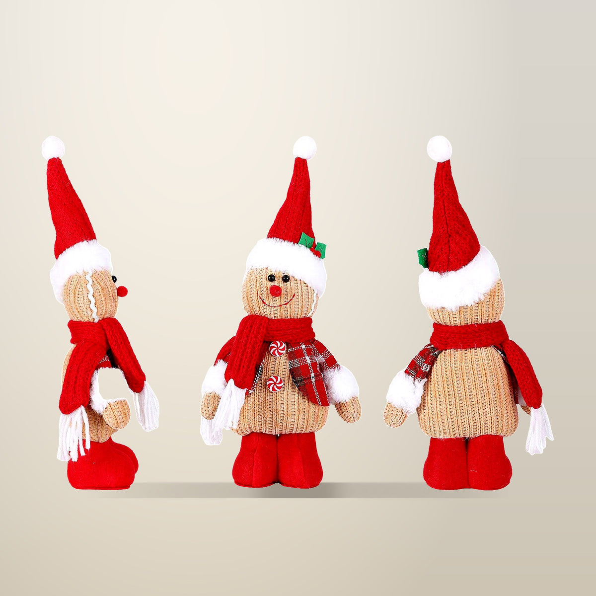 Jingle Jollys Standing Gingerbread Man Ornament, Knitted, on a plain cream background