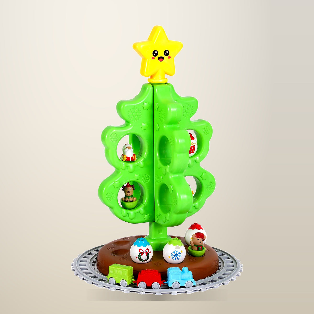 Jingle Jollys Toddler Christmas Tree Toy Set with Train, on a plain cream background