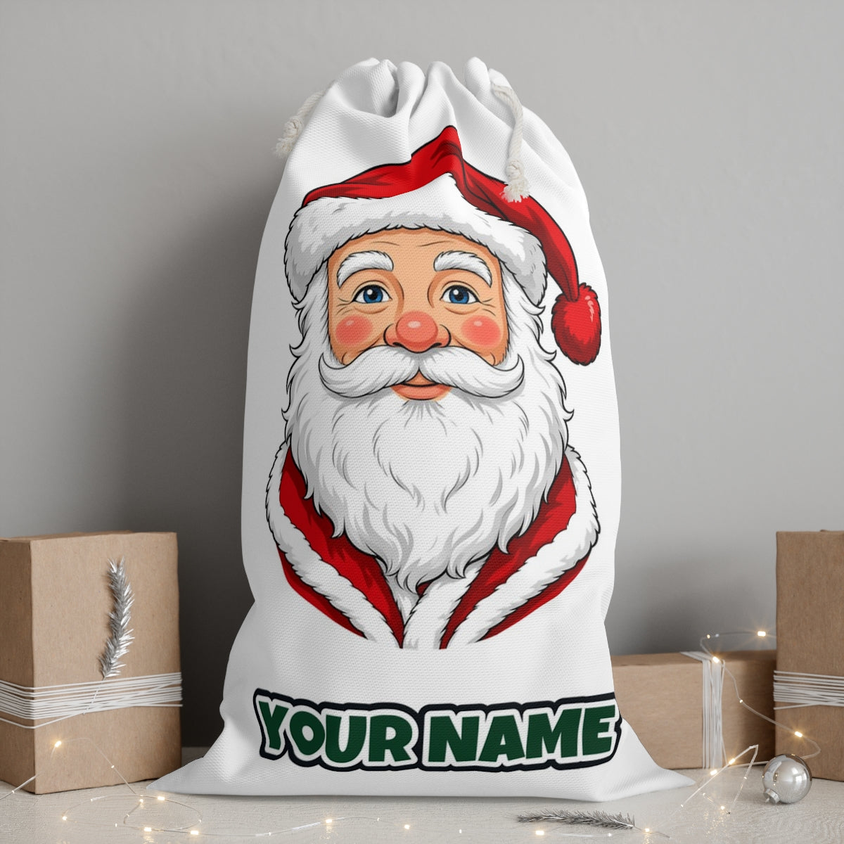 Jolly Santa Face personalised Santa sack, white, with the name printed under the artwork