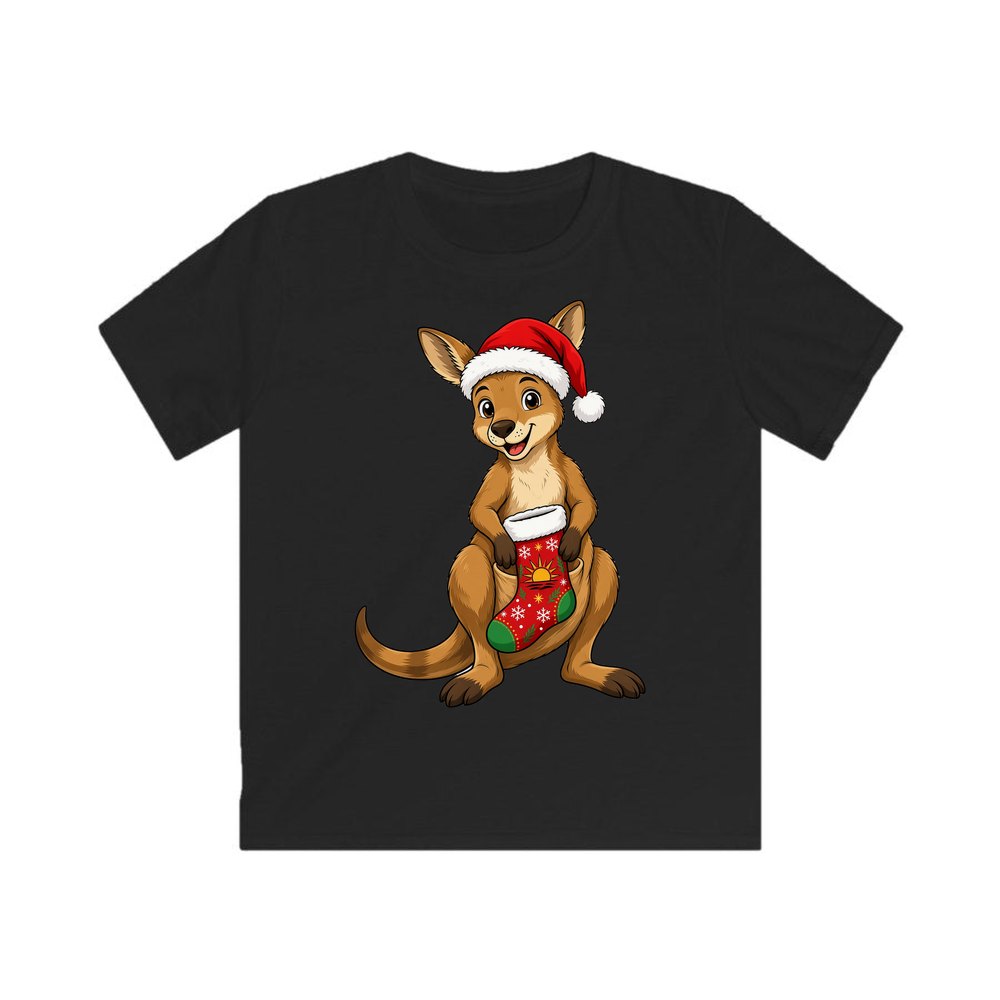 Kangaroo With Christmas Stocking personalised kids Christmas tee in black