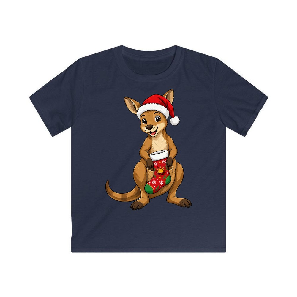 Kangaroo With Christmas Stocking personalised kids Christmas tee in navy