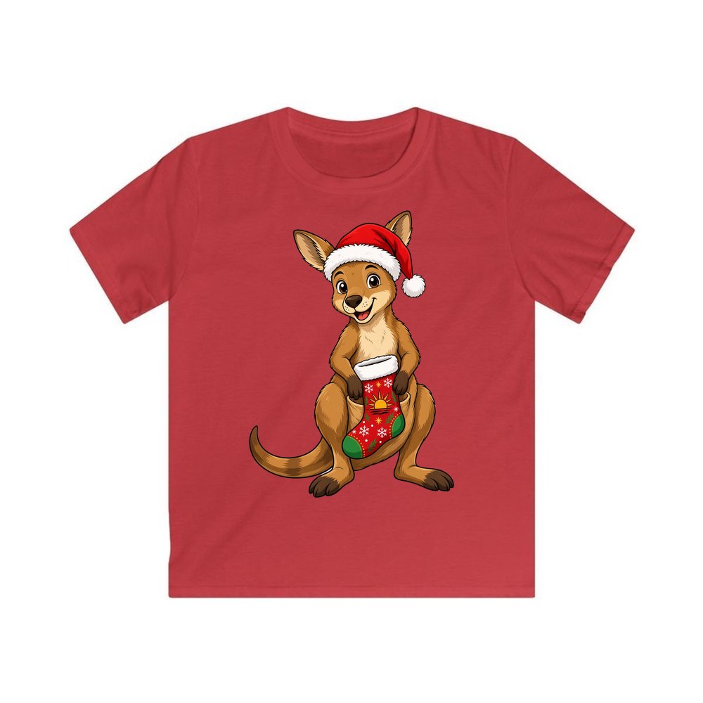 Kangaroo With Christmas Stocking personalised kids Christmas tee in red