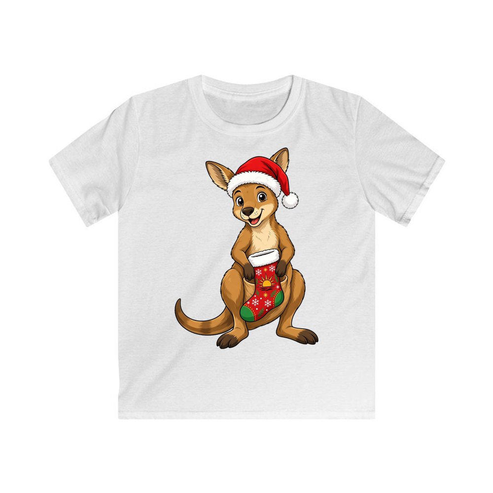 Kangaroo With Christmas Stocking personalised kids Christmas tee in white