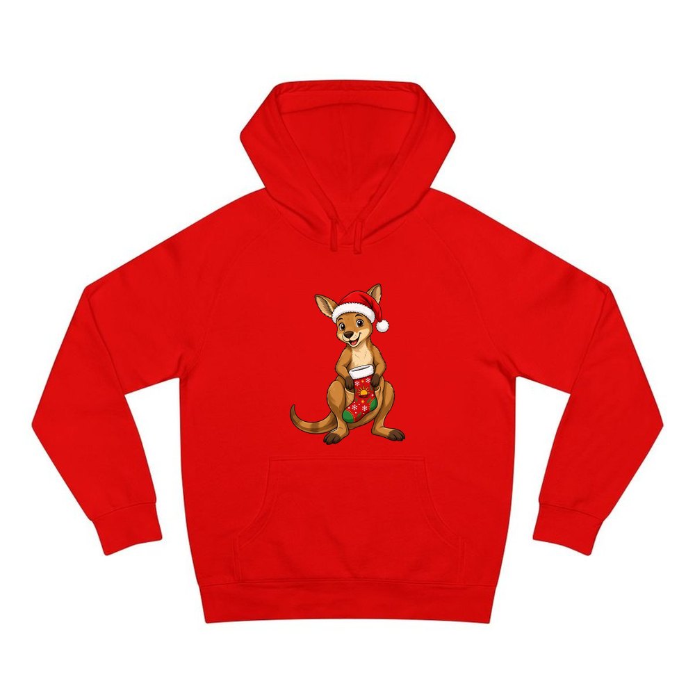 Kangaroo With Christmas Stocking personalised Christmas hoodie in red