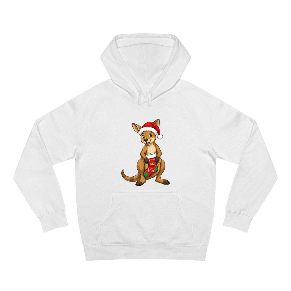 Kangaroo With Christmas Stocking personalised Christmas hoodie in white