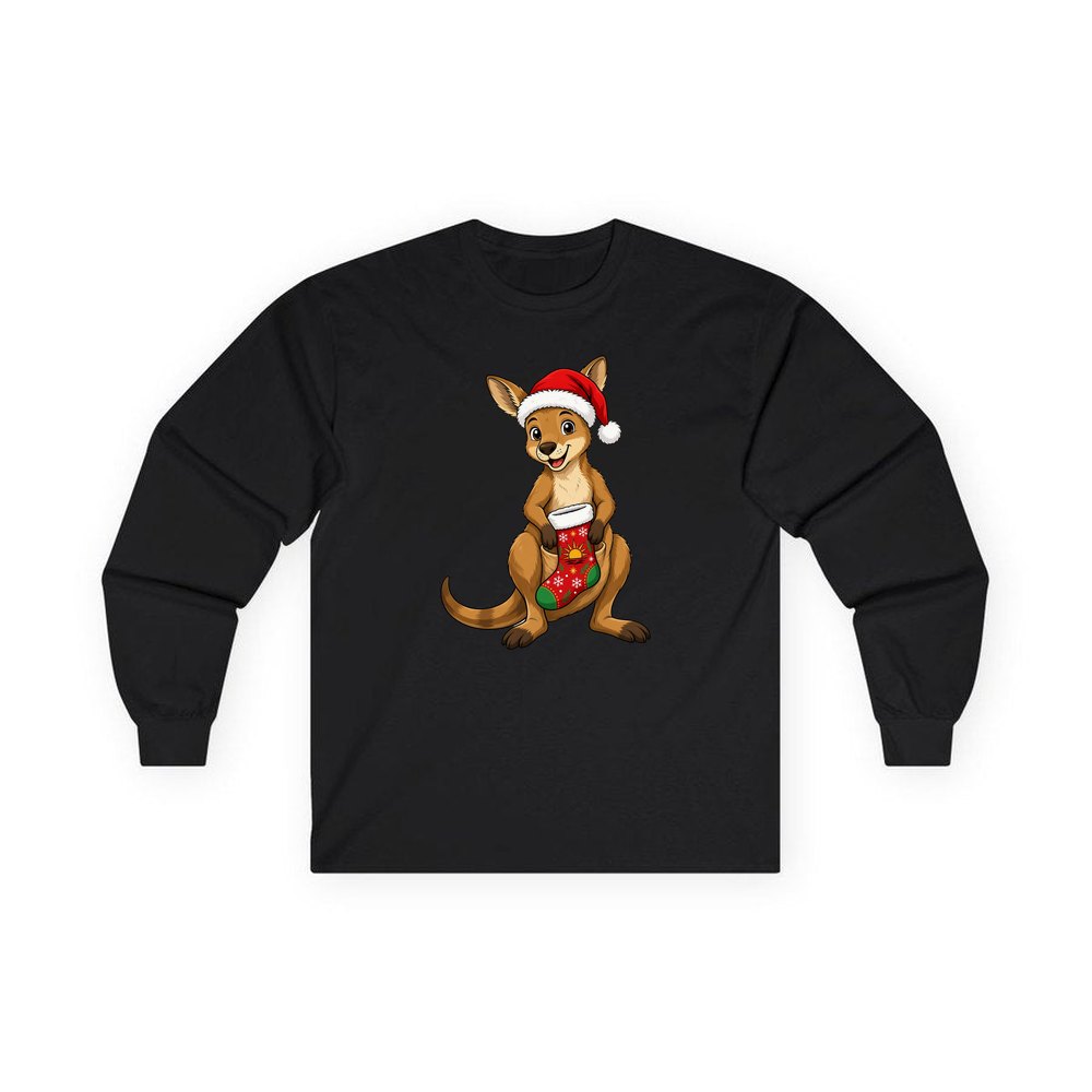 Kangaroo With Christmas Stocking personalised long sleeve Christmas T-shirt in black