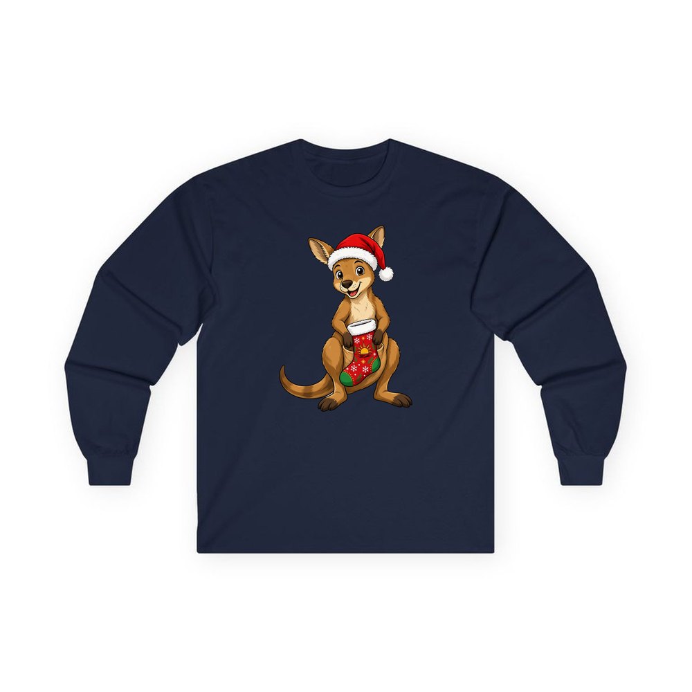Kangaroo With Christmas Stocking personalised long sleeve Christmas T-shirt in navy