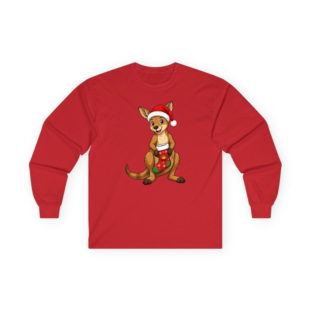 Kangaroo With Christmas Stocking personalised long sleeve Christmas T-shirt in red