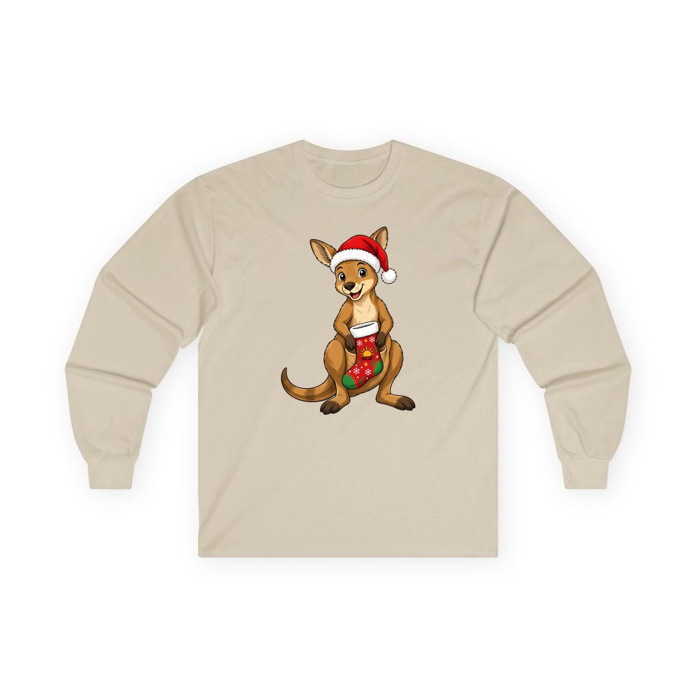 Kangaroo With Christmas Stocking personalised long sleeve Christmas T-shirt in sand