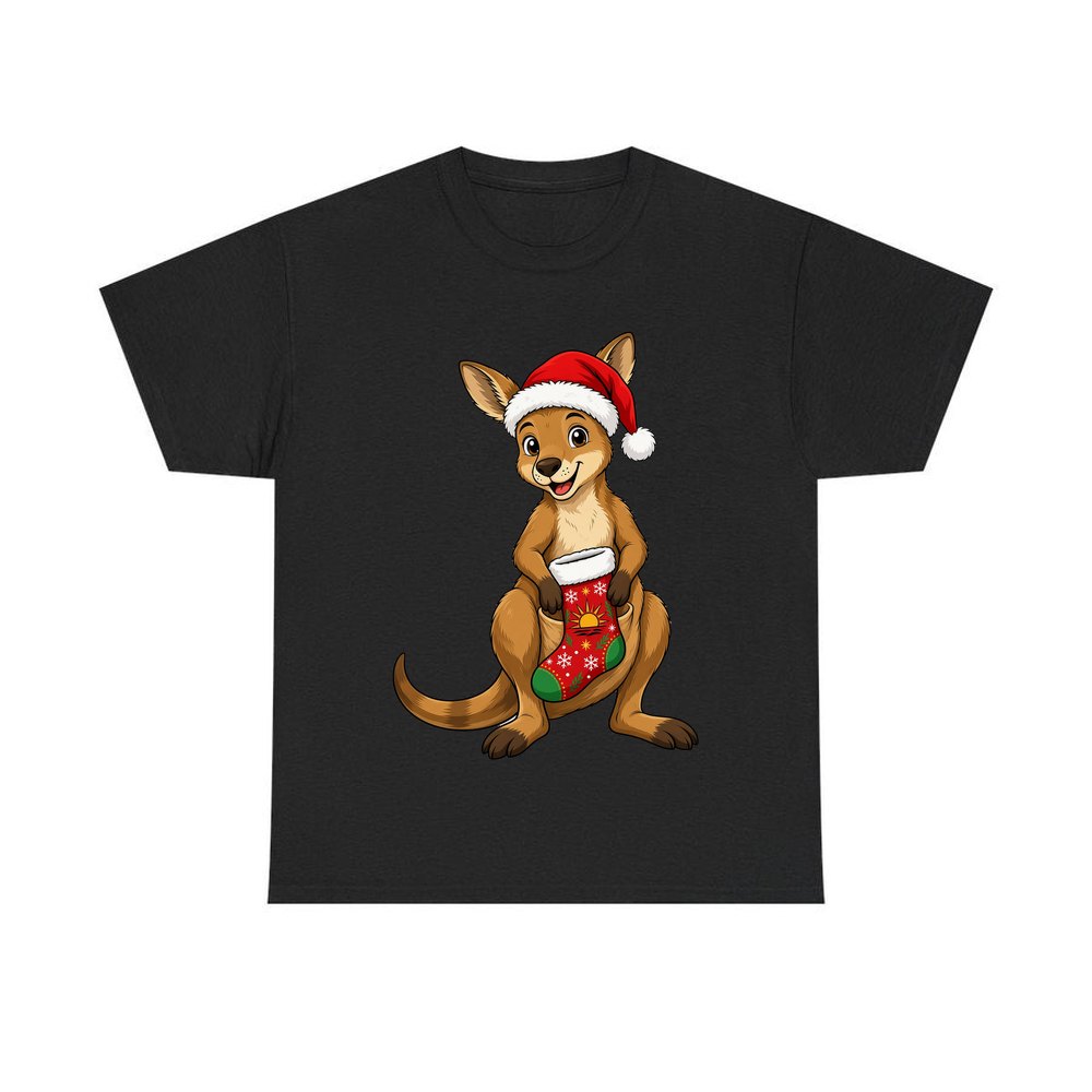 Kangaroo With Christmas Stocking personalised Christmas T-shirt in black