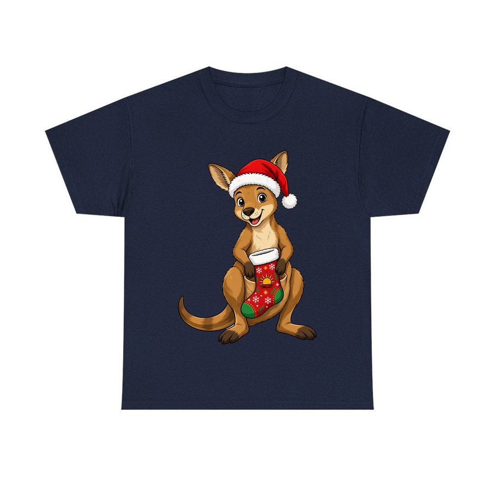 Kangaroo With Christmas Stocking personalised Christmas T-shirt in navy