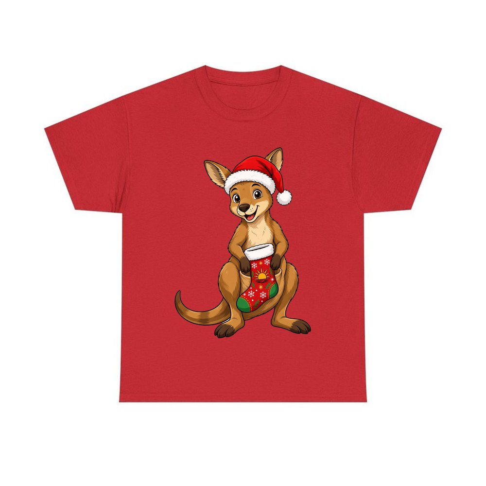 Kangaroo With Christmas Stocking personalised Christmas T-shirt in red