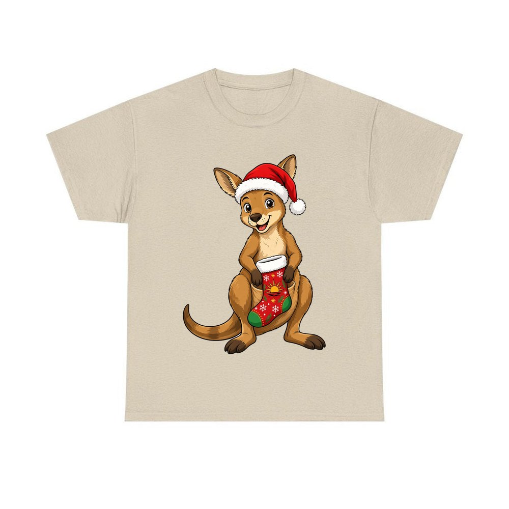 Kangaroo With Christmas Stocking personalised Christmas T-shirt in sand
