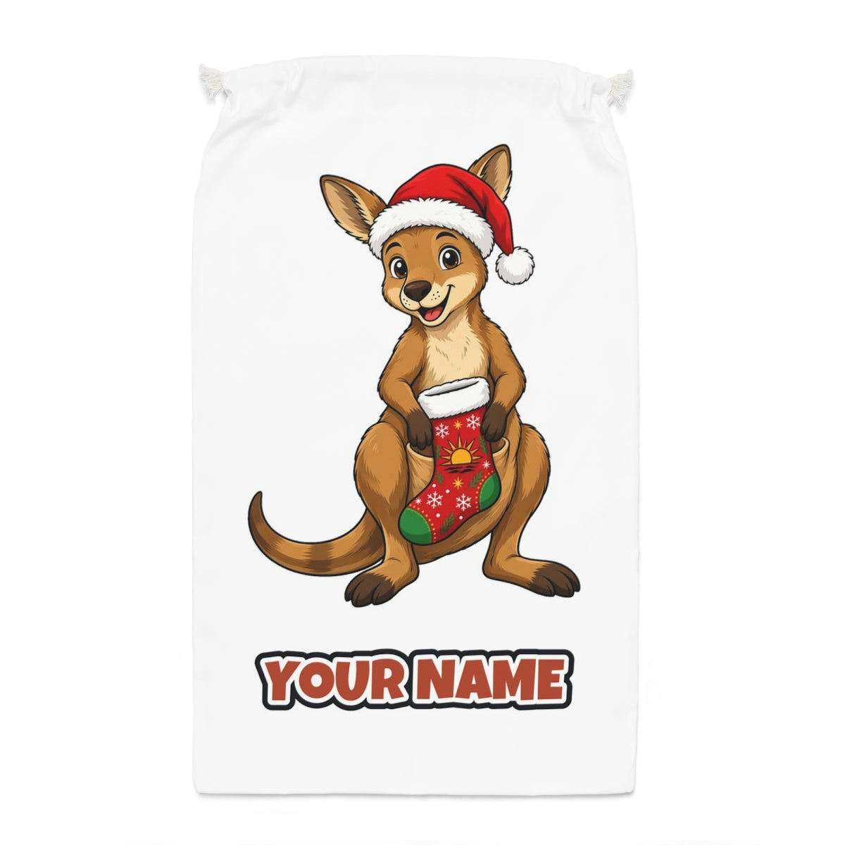 Kangaroo With Christmas Stocking Santa sack laid flat, showing the full print