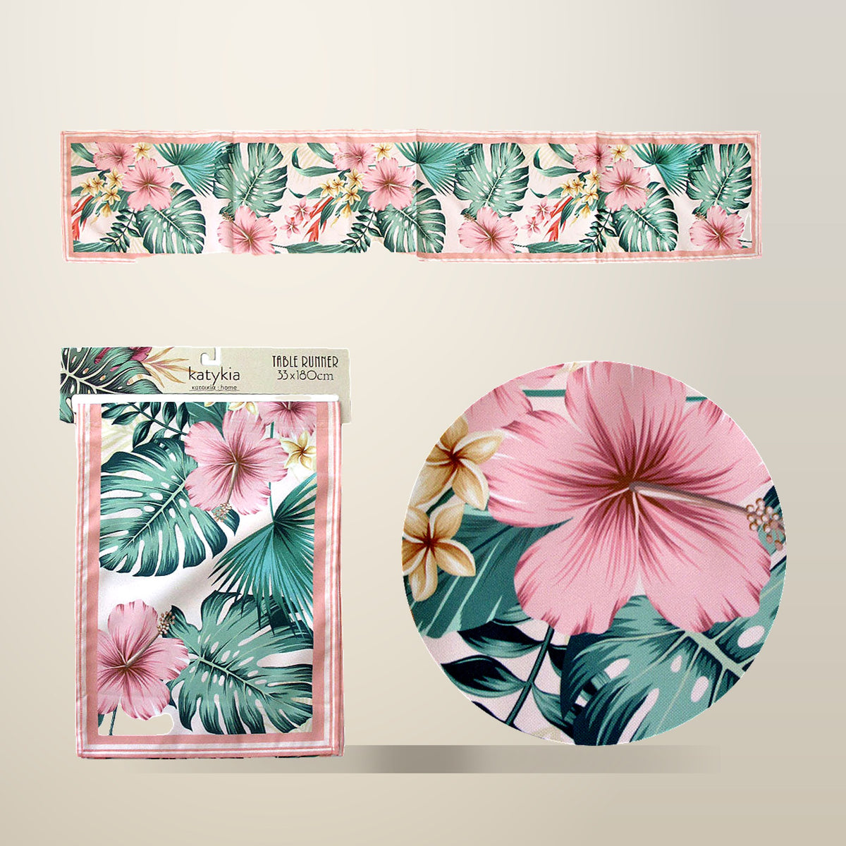 Katykia Tropical Table Runner, 33 x 180 cm, on a plain cream background