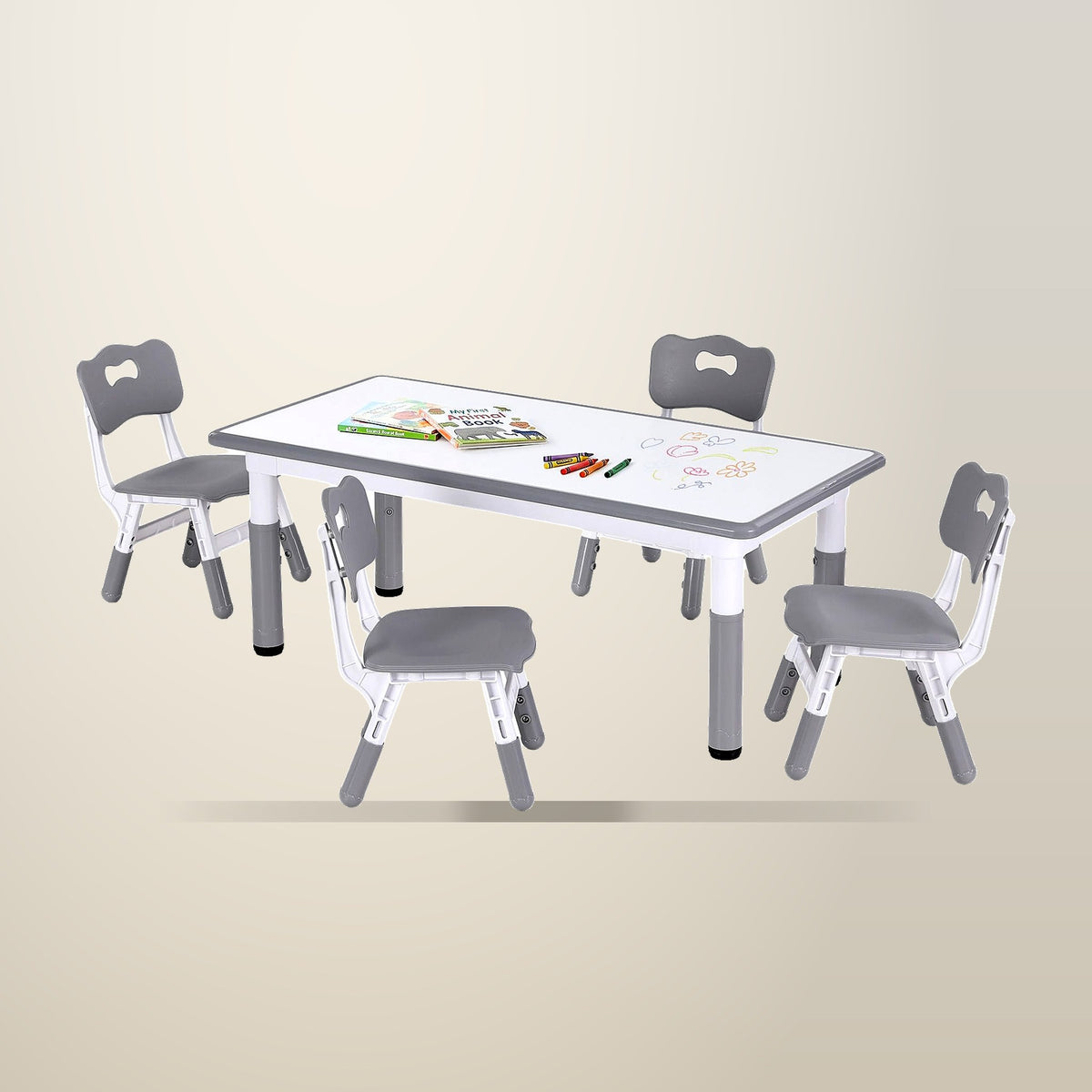 Keezi Height Adjustable Kids Table and 4 Chairs Set, on a plain cream background
