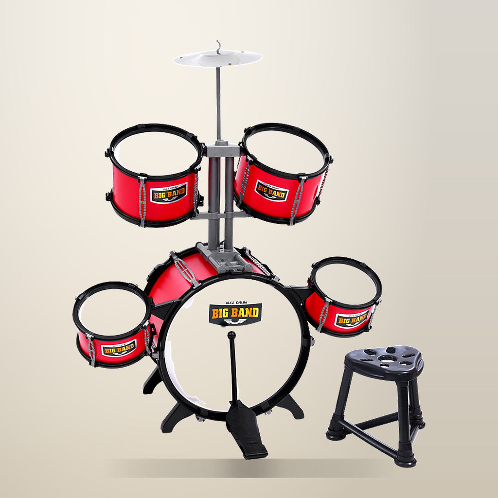 Keezi Kids 7 Piece Drum Set with Stool, Red, on a plain cream background