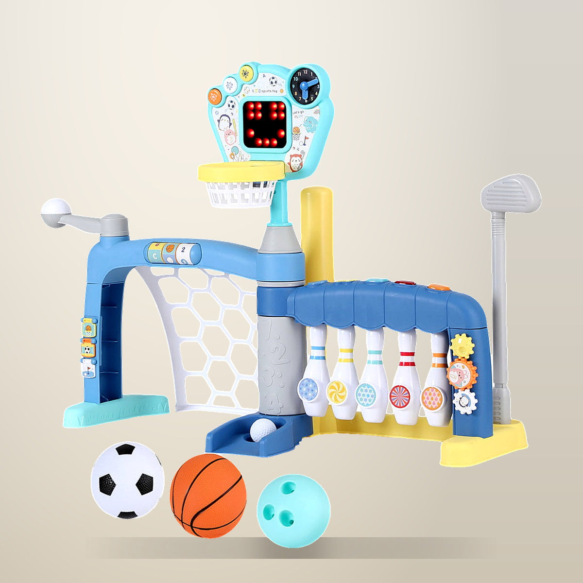 Keezi 5 in 1 Basketball, Bowling and Golf Set, Blue, on a plain cream background