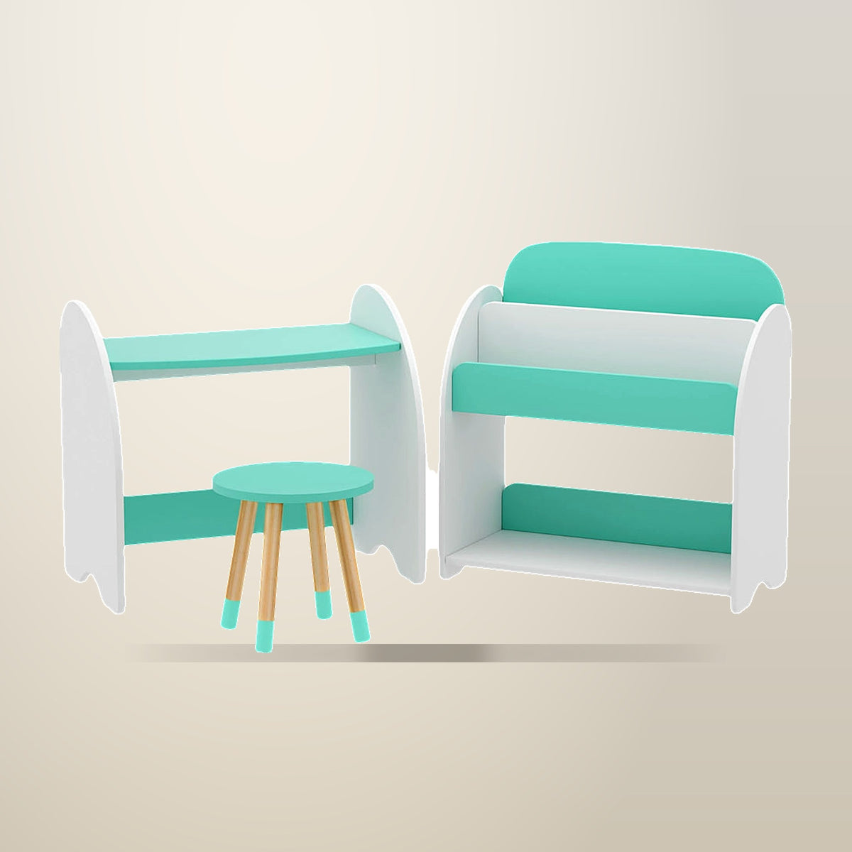 Keezi Kids Bookshelf, Table and Chair Set, White and Green, on a plain cream background
