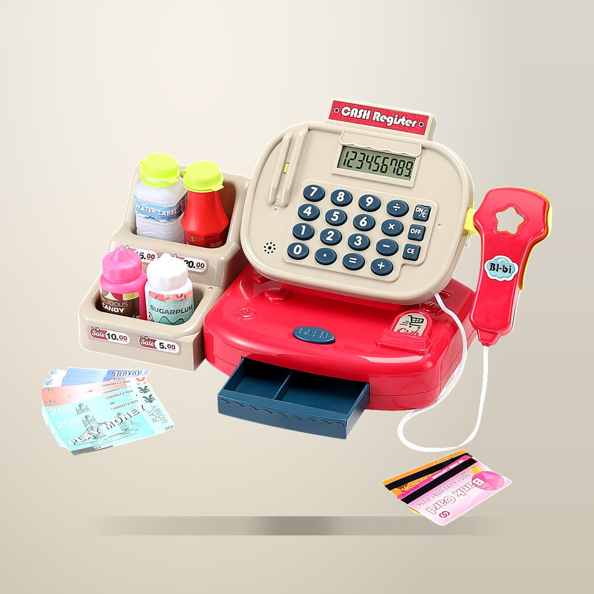 Keezi Kids Cash Register Playset, 18 Pieces, on a plain cream background