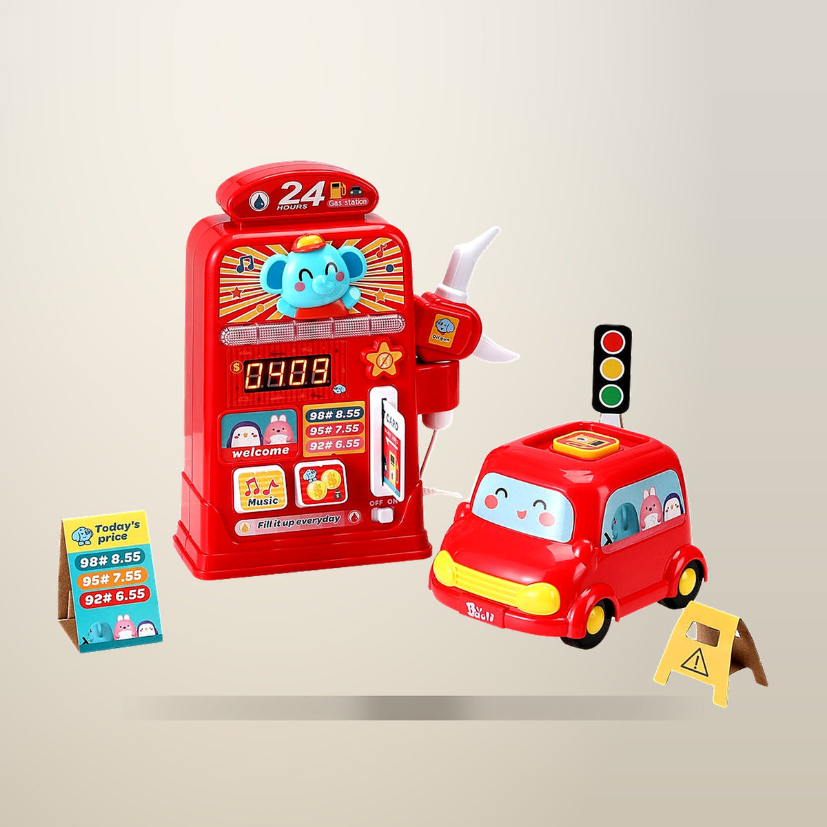 Keezi Gas Station Pretend Play Set, Red, on a plain cream background