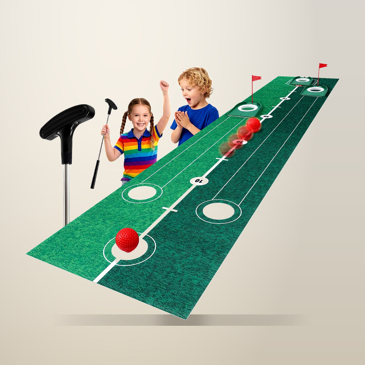 Keezi Golf Putting Game Set, Green, 2 m Mat, on a plain cream background