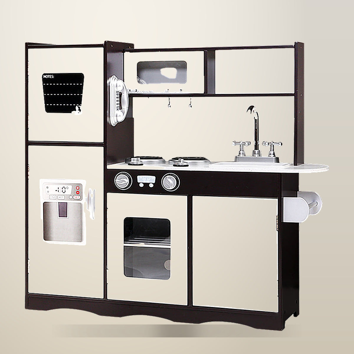 Keezi Wooden Kitchen Playset, Dark Brown and Silver, on a plain cream background