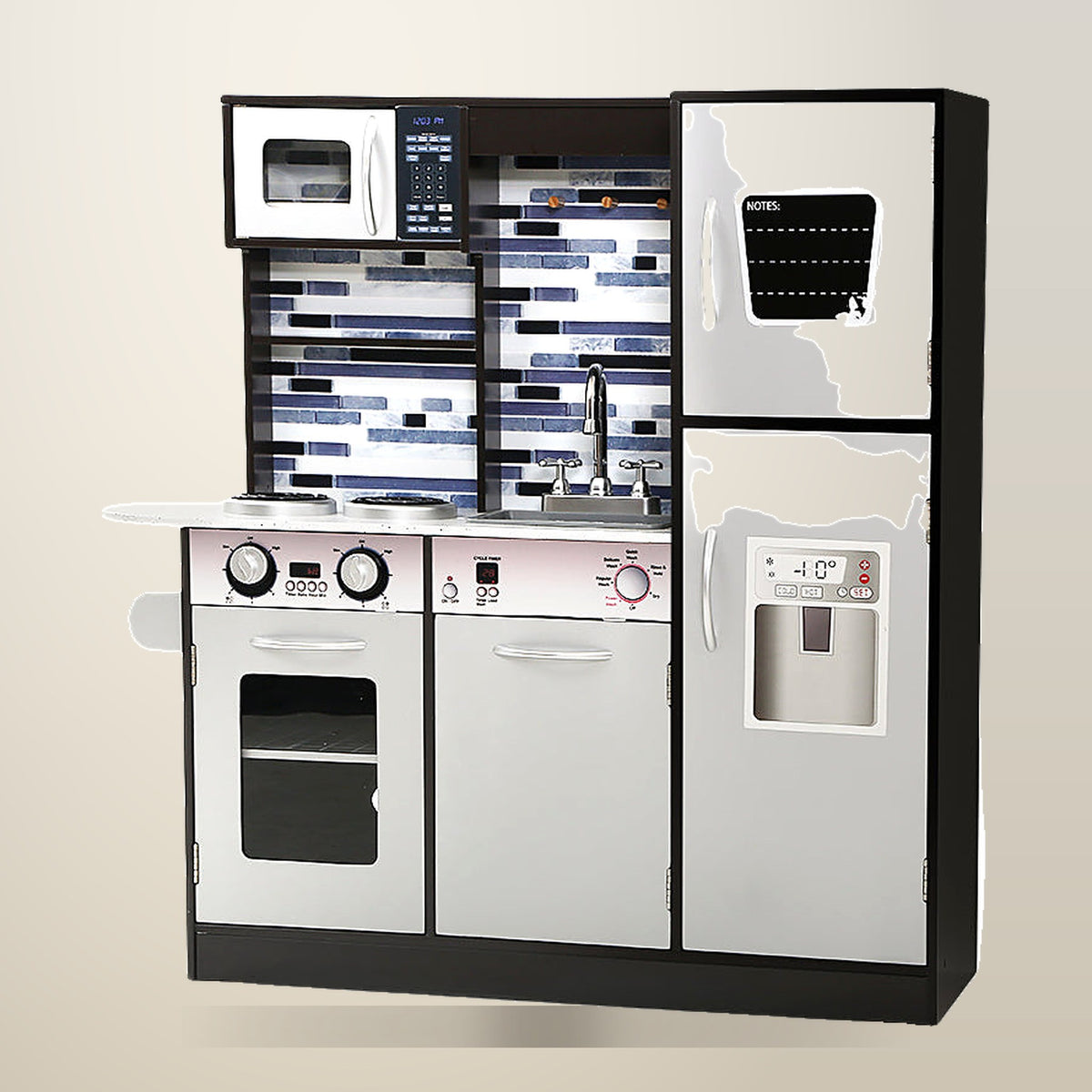 Keezi Wooden Kitchen Playset with Oven, Black and White, on a plain cream background