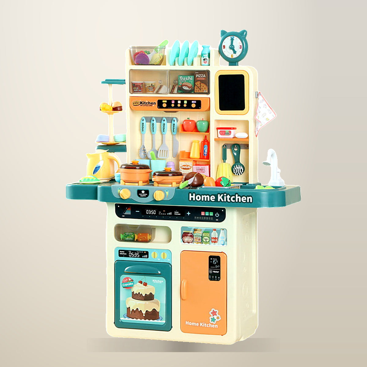 Keezi Kitchen Pretend Playset, 73 Piece, Steam and Sound, on a plain cream background