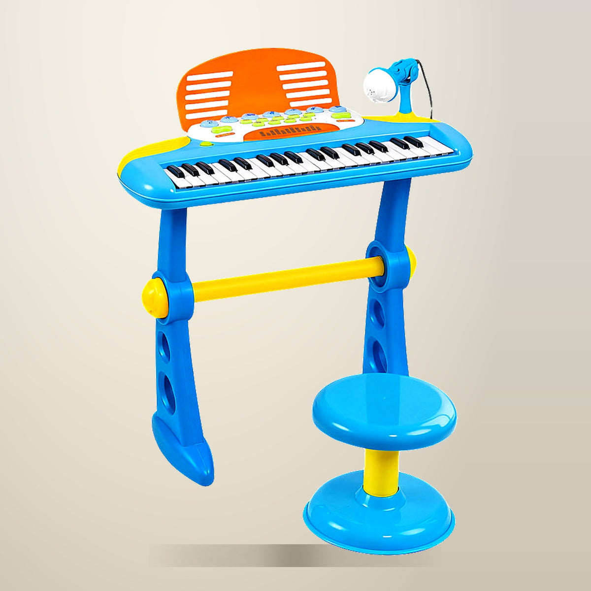 Keezi 37 Key Kids Piano Keyboard Set, Blue, on a plain cream background