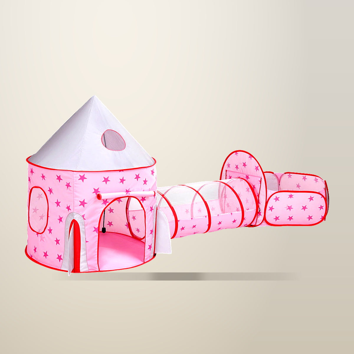 Keezi 3 in 1 Playhouse with Tunnel and Ball Pit, Pink, on a plain cream background