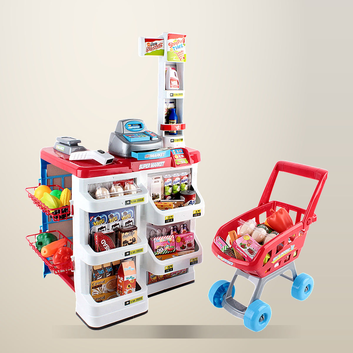Keezi Supermarket Playset with Trolley, 24 Piece, on a plain cream background