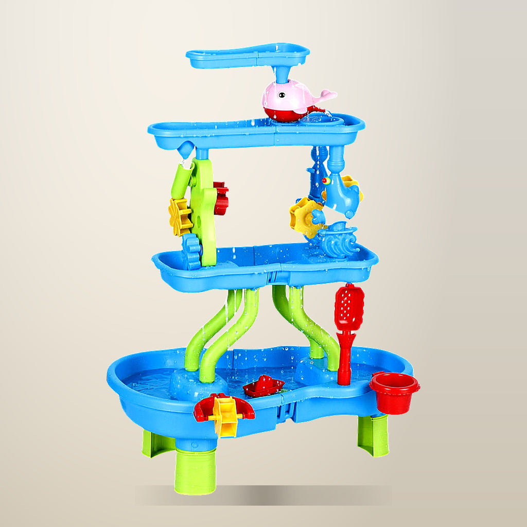 Keezi 4 Tier Sand and Water Table with Waterwheel, on a plain cream background