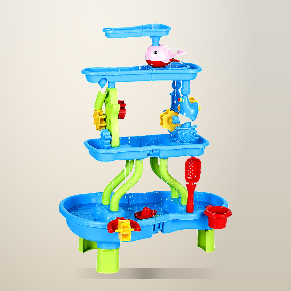 Keezi 4 Tier Sand and Water Table with Waterwheel, on a plain cream background