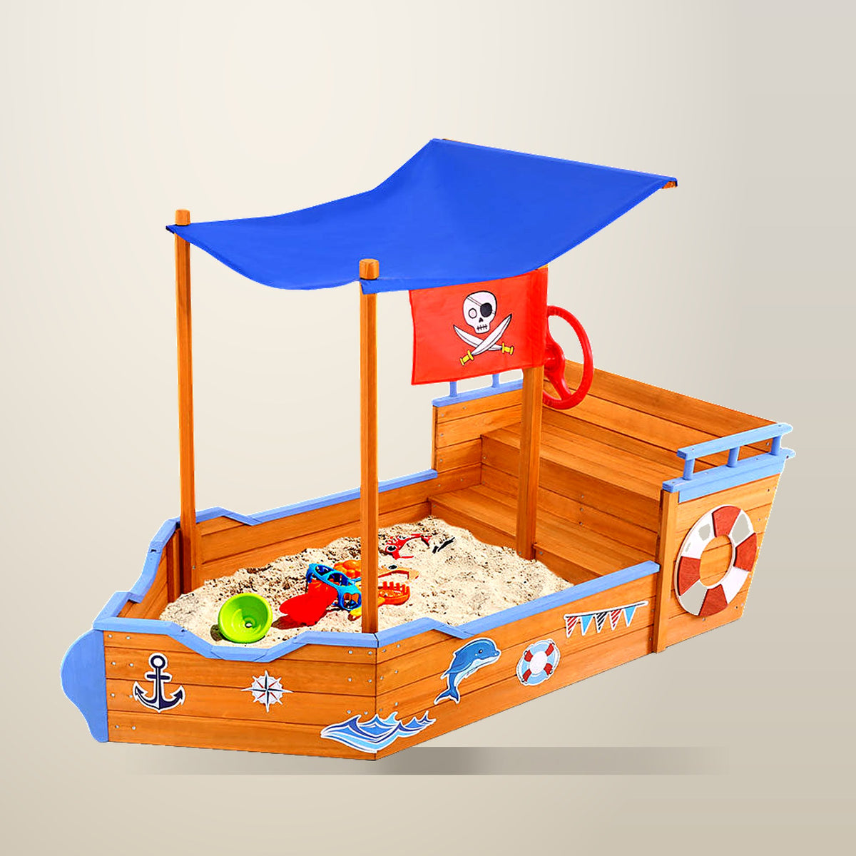 Keezi Wooden Boat Sand Pit, Seats up to 3 Kids, on a plain cream background