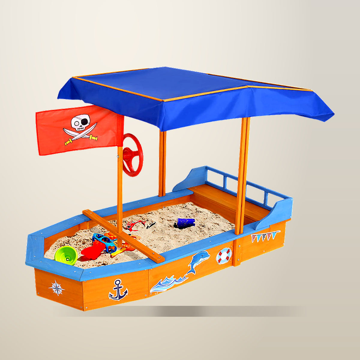 Keezi Wooden Boat Sand Pit, Seats up to 7 Kids, on a plain cream background