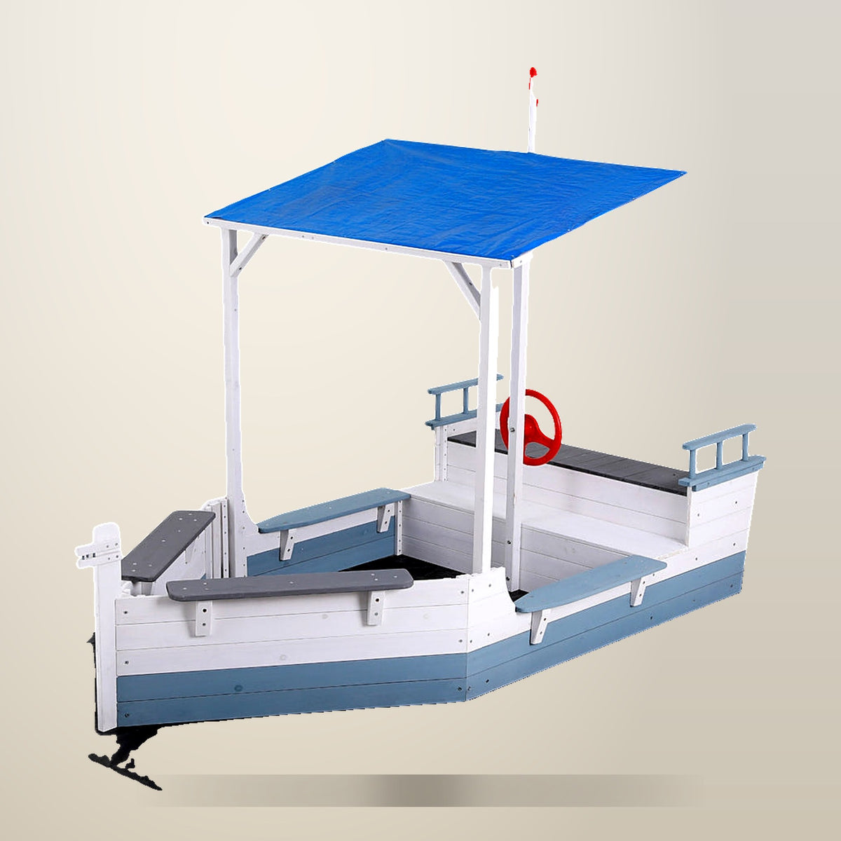 Keezi Wooden Boat Sandpit, White and Blue, 210 cm, on a plain cream background