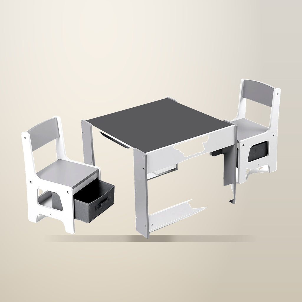 Keezi 4-in-1 Kids Table and Chair Set, Grey, on a plain cream background