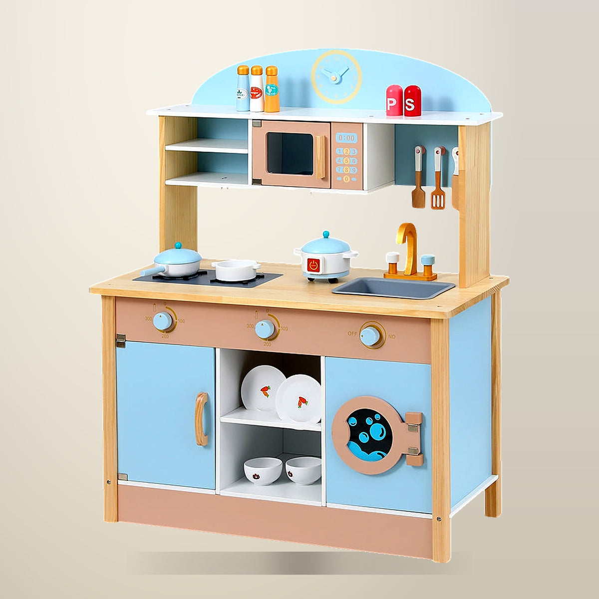 Keezi Wooden Kitchen Play Set, Blue, 98 cm, on a plain cream background