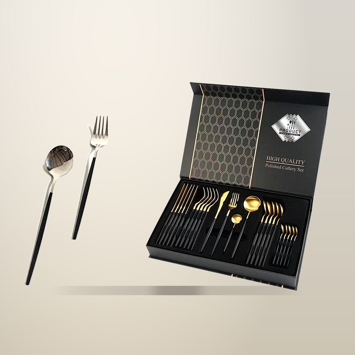 Style By Inspiration Keily Cutlery Set, Gold, on a plain cream background