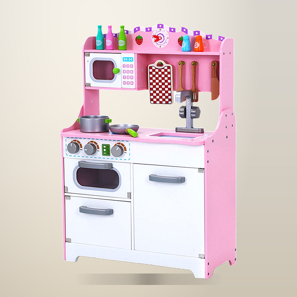 BH Wooden Kids Kitchen Play Set, White Pink, on a plain cream background