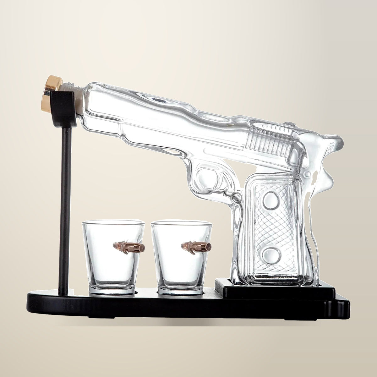 Kitchee Pistol Decanter Set, 1175 mL, 2 Glasses, on a plain cream background