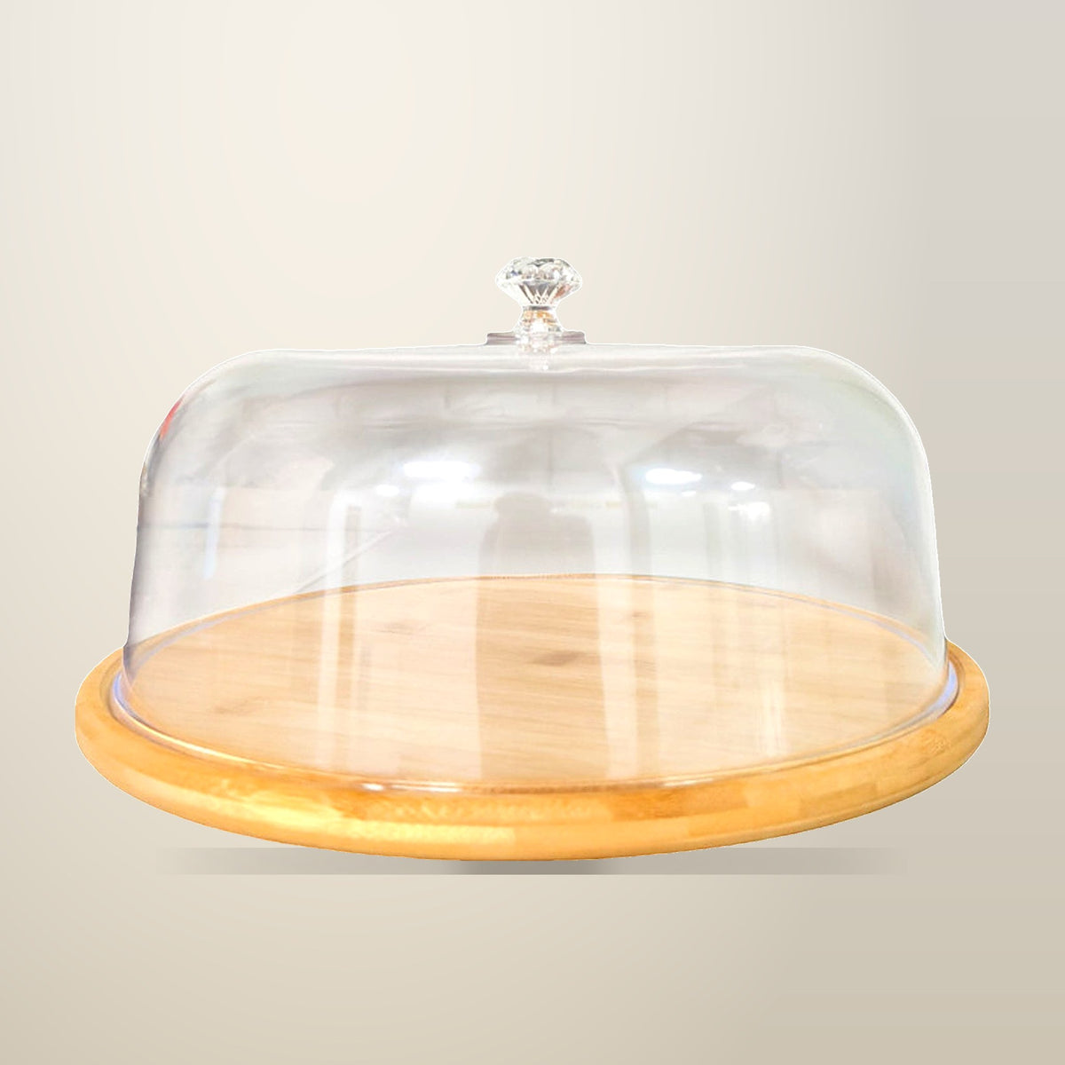 Kitchee Bamboo Cake Stand with Acrylic Dome, 30 cm, on a plain cream background