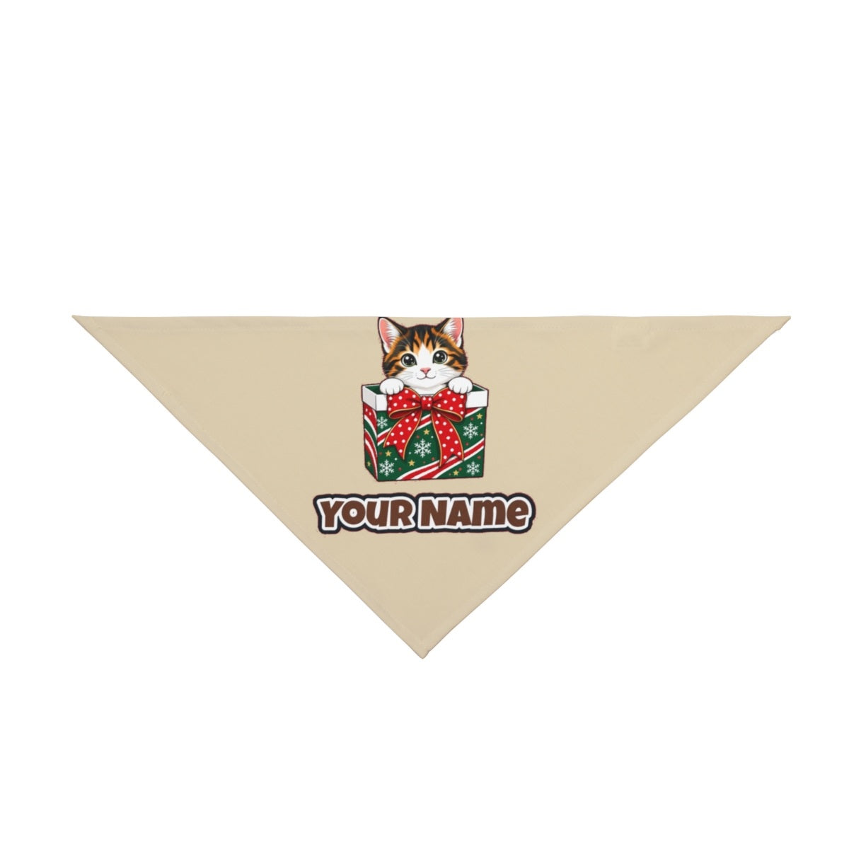 Kitten in a Gift Box personalised Christmas pet bandana in beige, tie-on style