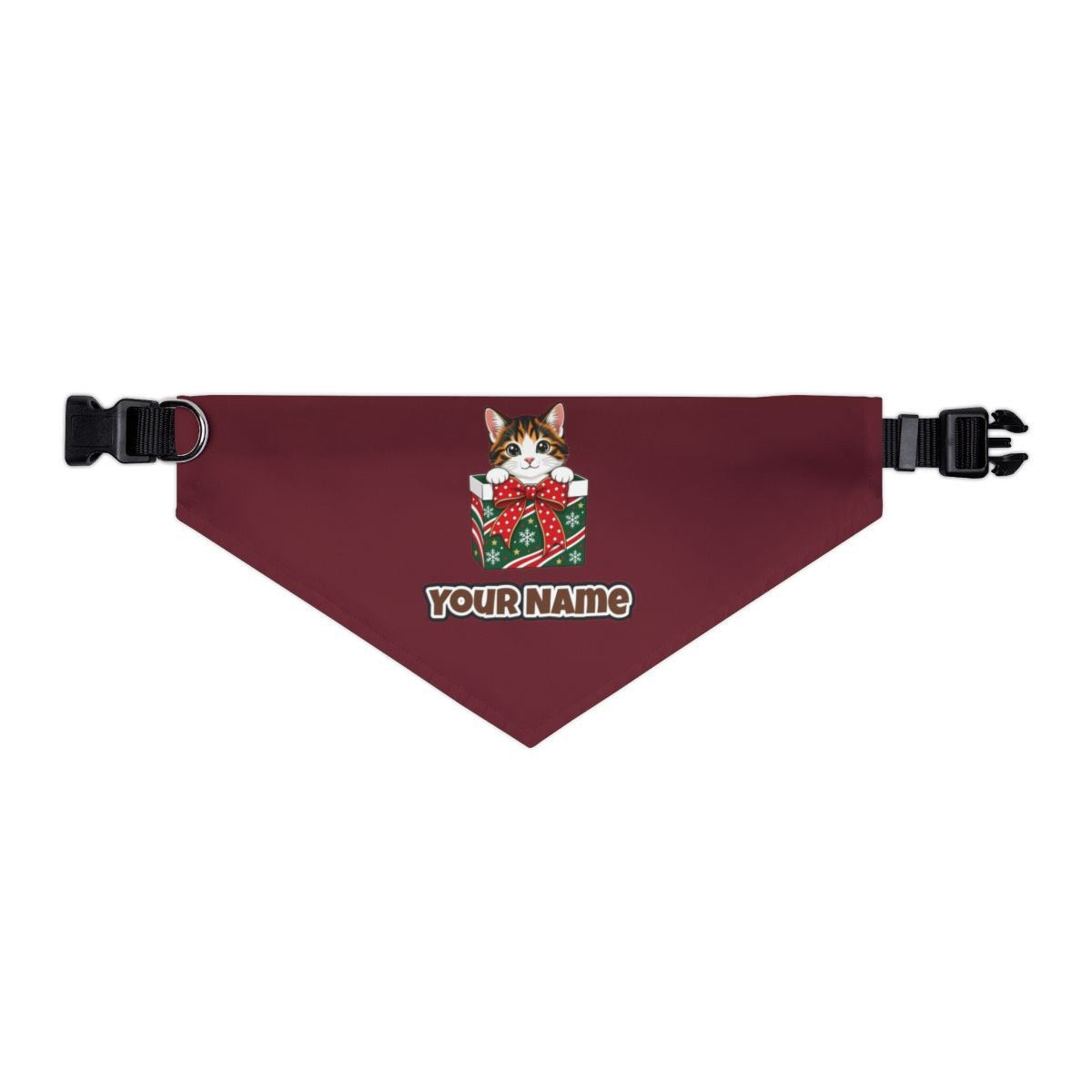 Kitten in a Gift Box personalised Christmas pet bandana in maroon, collar with buckle
