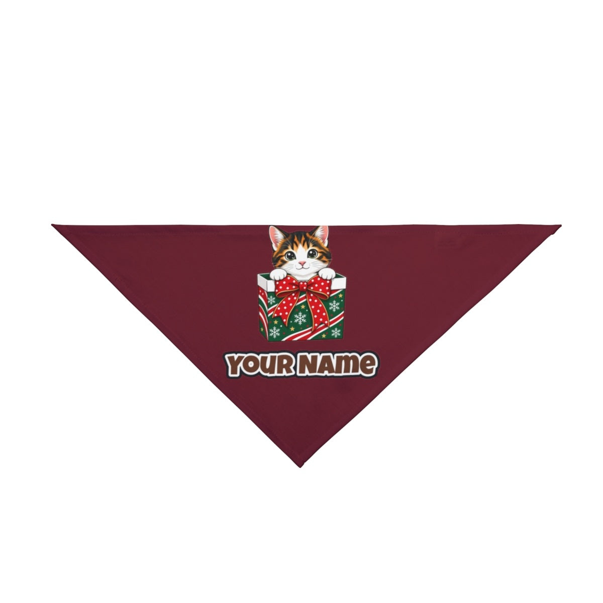 Kitten in a Gift Box personalised Christmas pet bandana in maroon, tie-on style