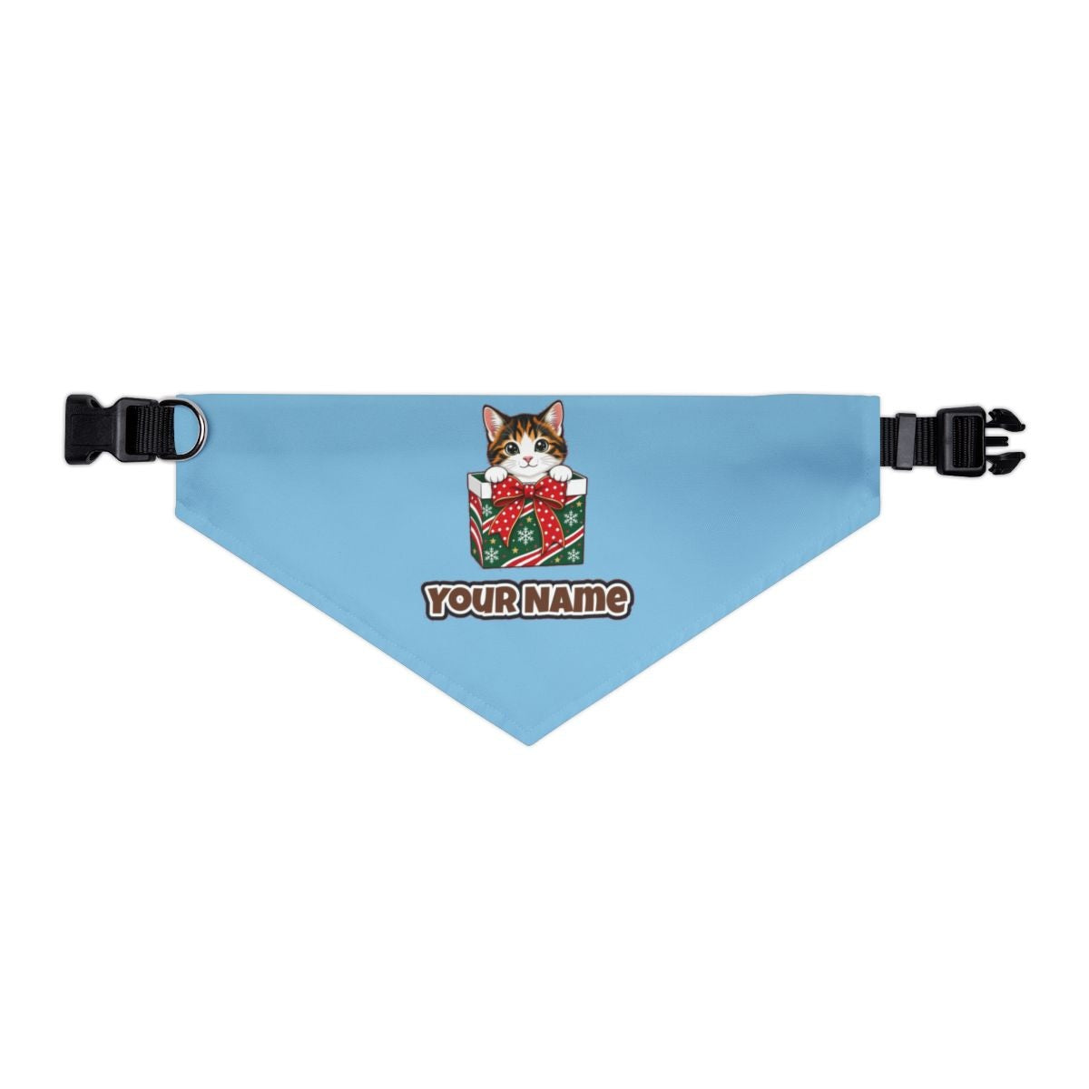 Kitten in a Gift Box personalised Christmas pet bandana in sky blue, collar with buckle