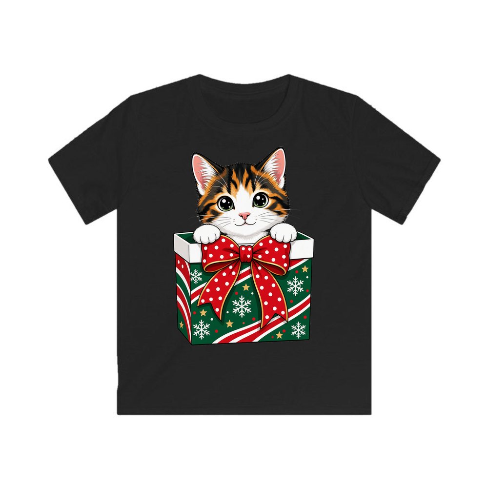 Kitten in a Gift Box personalised kids Christmas tee in black