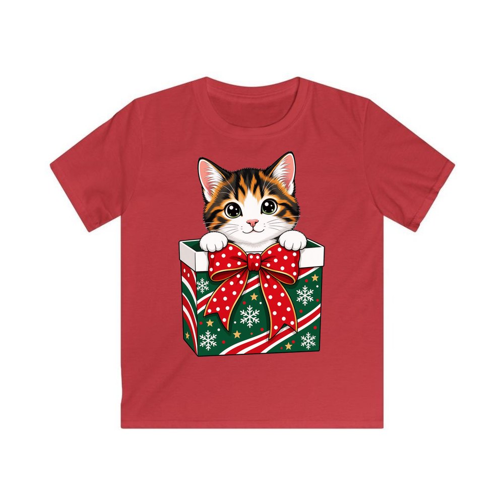 Kitten in a Gift Box personalised kids Christmas tee in red